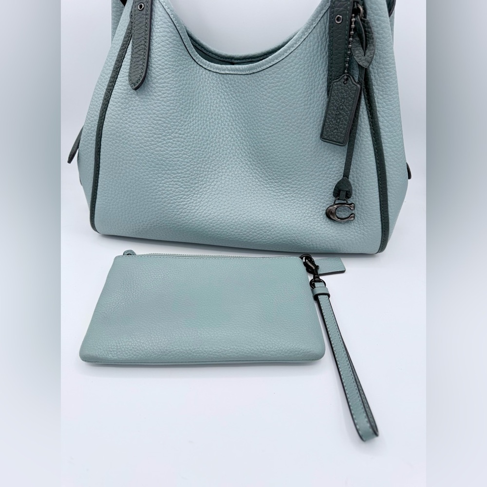 Coach Lori Shoulder Bag Wristlet Set Sage Aqua Pebble Leather Pewter C6627 - Picture 13 of 14